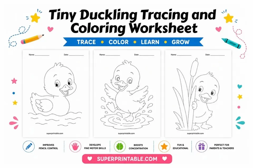 10 Tiny Duckling Tracing and Coloring Worksheet Feature Image
