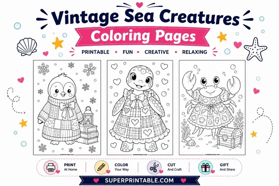 12 Free Vintage Sea Creatures Coloring Pages