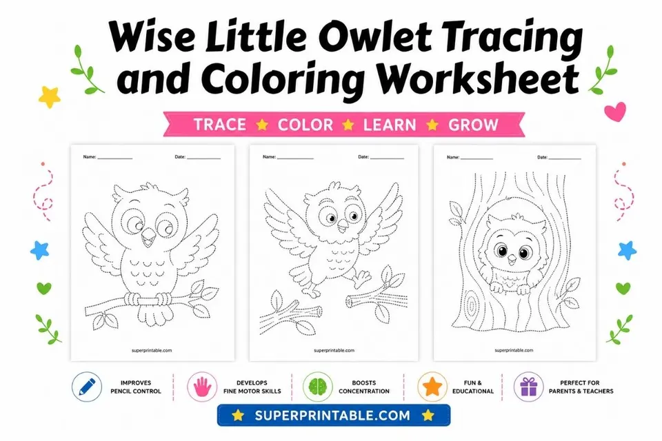 10 Wise Little Owlet Tracing and Coloring Worksheet Feature Image