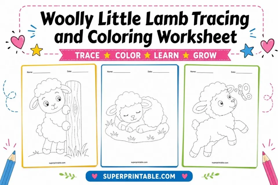 10 Woolly Little Lamb Tracing and Coloring Worksheet Feature Image