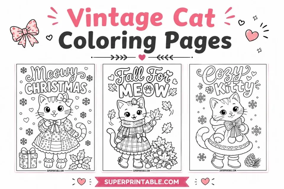 12+ Vintage Cat Coloring Pages Feature Image