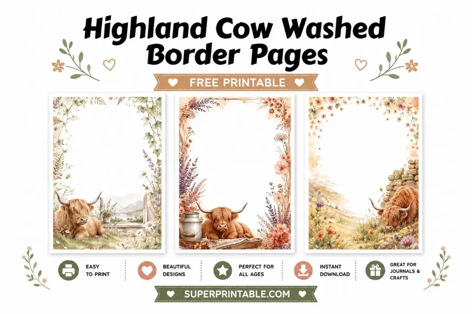 16 Highland Cow Washed Border Pages Feature Image