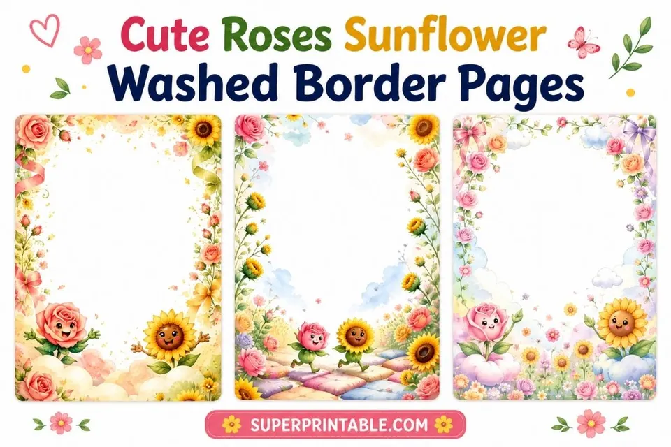 19 Cute Roses Sunflower Washed Border Pages