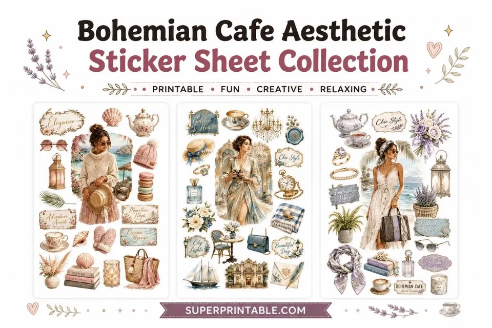 20 Bohemian Cafe Aesthetic Sticker Sheet Collection Feature Image