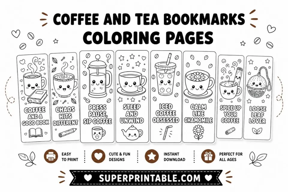20 Coffee and Tea Bookmarks Coloring Pages Feature Image