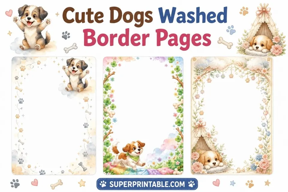 20 Cute Dogs Washed Border Pages