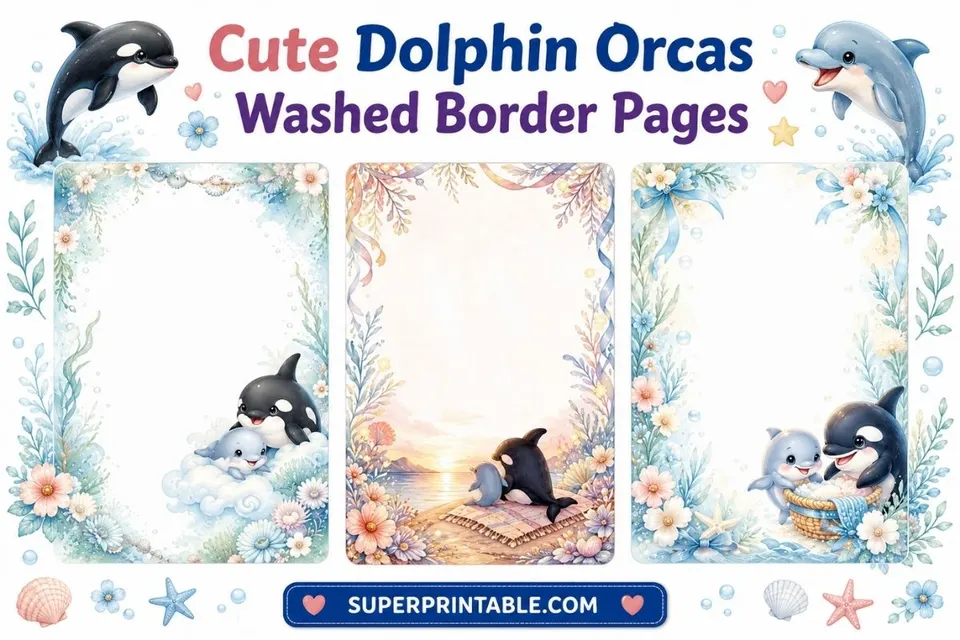 20 Cute Dolphin Orcas Washed Border Pages Feature Image