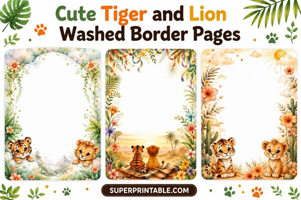 20 Cute Tiger and Lion Washed Border Pages Feature Image