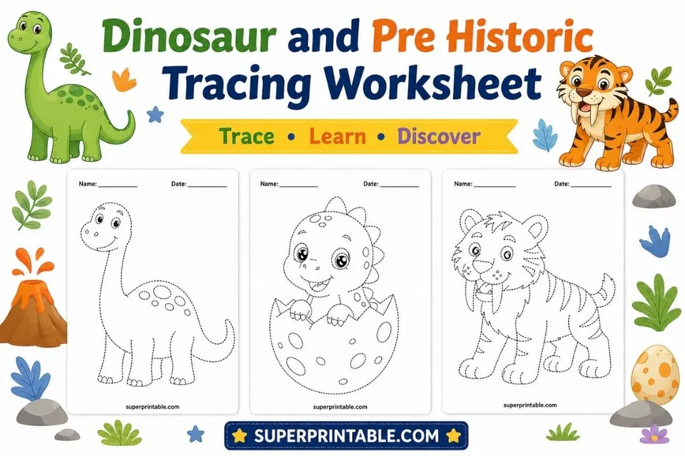 20 Dinosaur and Pre Historic Tracing Worksheet Feature Image