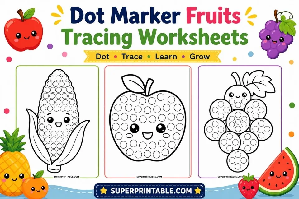 20 Dot Marker Fruits Tracing Worksheets Feature Image