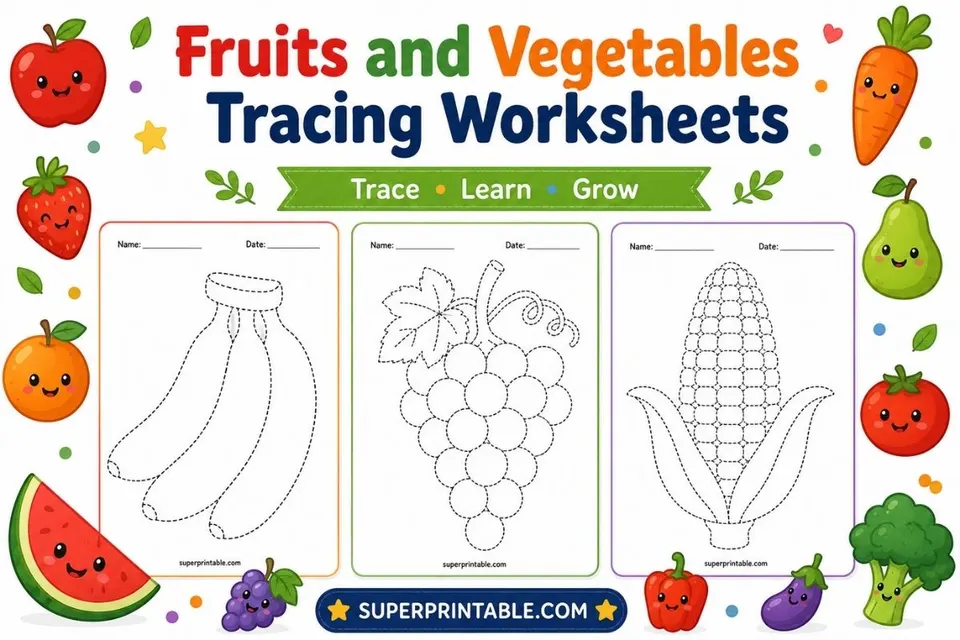 20 Fruits and Vegetables Tracing Worksheets Feature Image