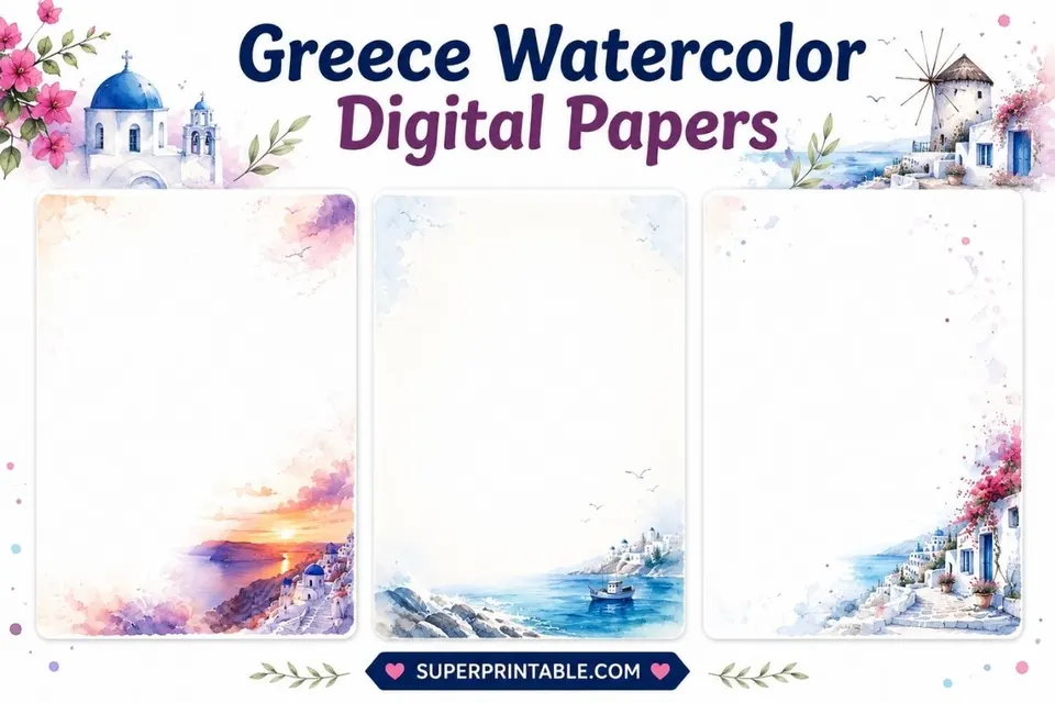 20 Greece Watercolor Digital Papers Feature Image