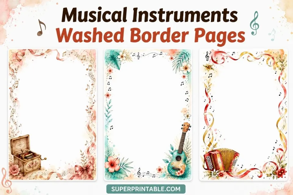 20+ Musical Instruments Washed Border Pages