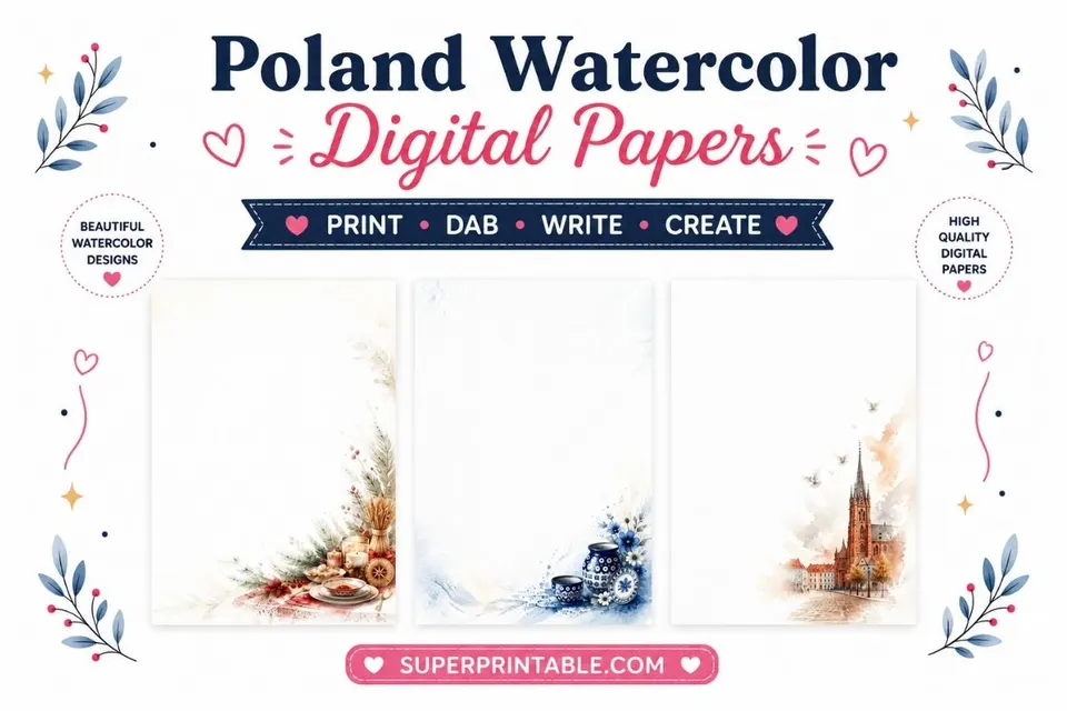 20 Poland Watercolor Digital Papers Feature Image