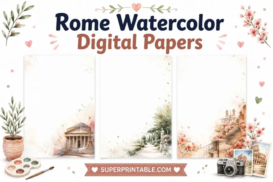20 Rome Watercolor Digital Papers Feature Image