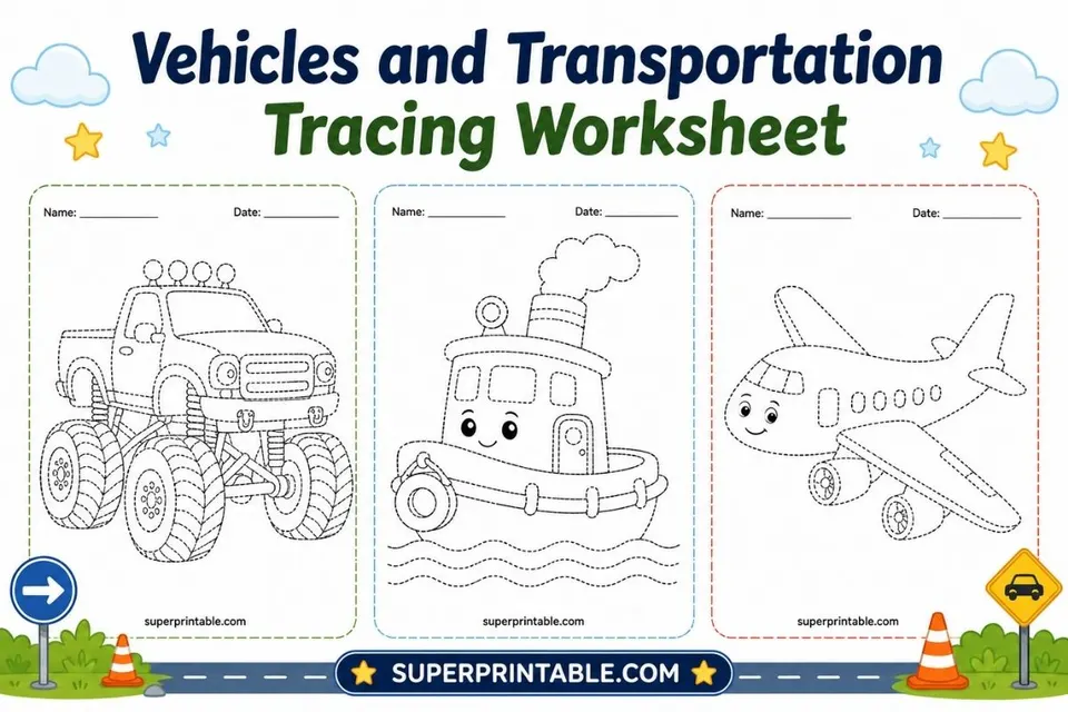 20 Vehicles and Transportation Tracing Worksheet Feature Image