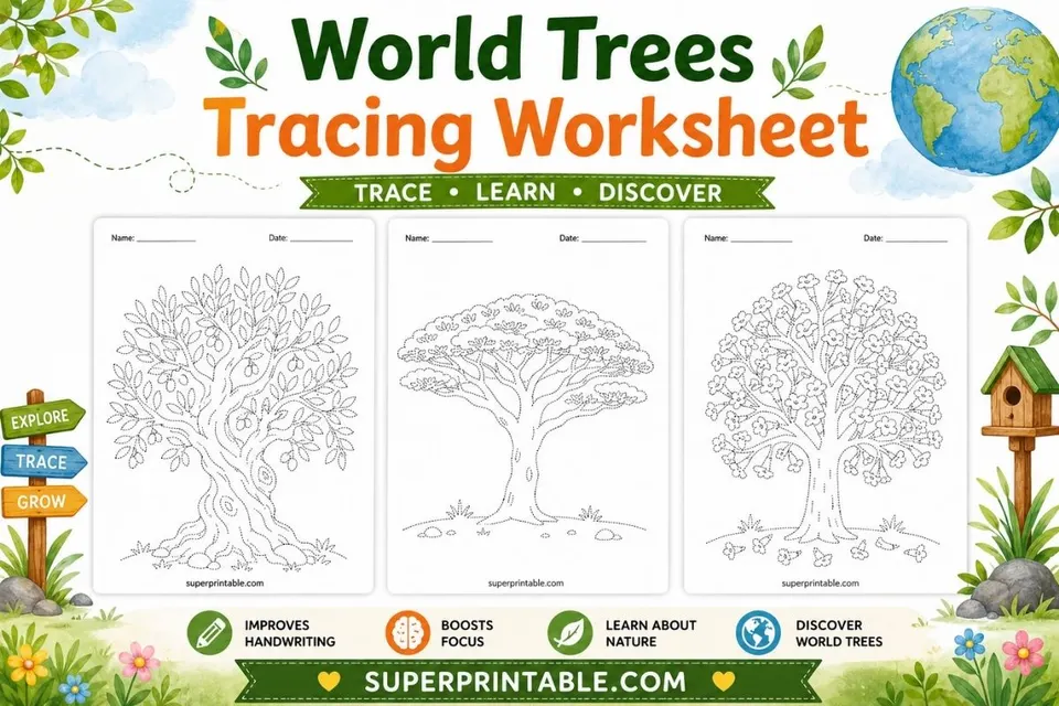 30 World Trees Tracing Worksheet