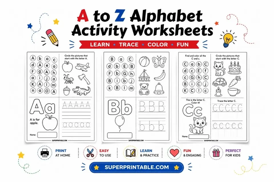 A to Z Alphabet Activity Worksheets Feature Image