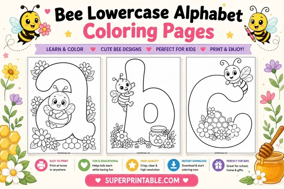 Bee Lowercase Alphabet Coloring Pages Feature Image