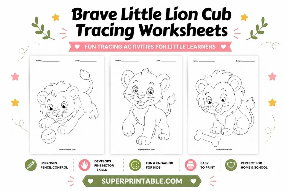 Brave Little Lion Cub Tracing Worksheets Feature Image