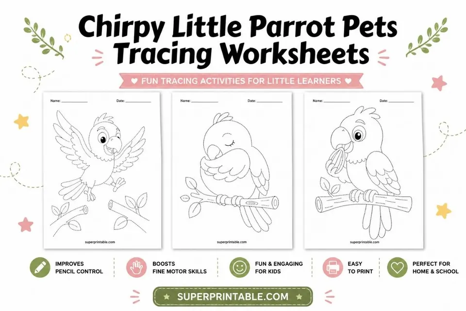 8 Free Chirpy Little Parrot Pets Tracing Worksheets