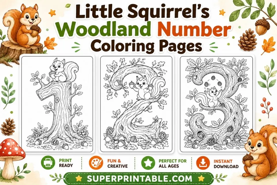 Little Squirrel's Woodland Number Coloring Pages Feature Image