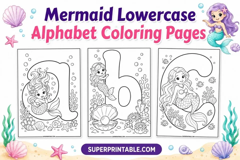 Mermaid Lowercase Alphabet Coloring Pages Feature Image