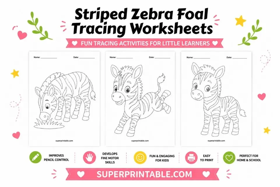 Striped Zebra Foal Tracing Worksheets Feature Image