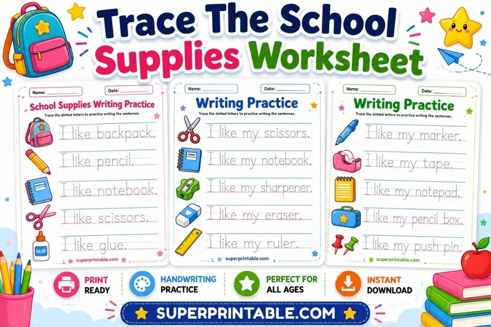 Trace The School Supplies Worksheet Feature Image