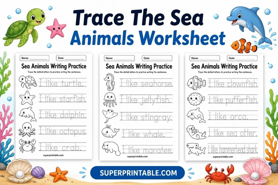 Trace The Sea Animals Worksheet Feature Image