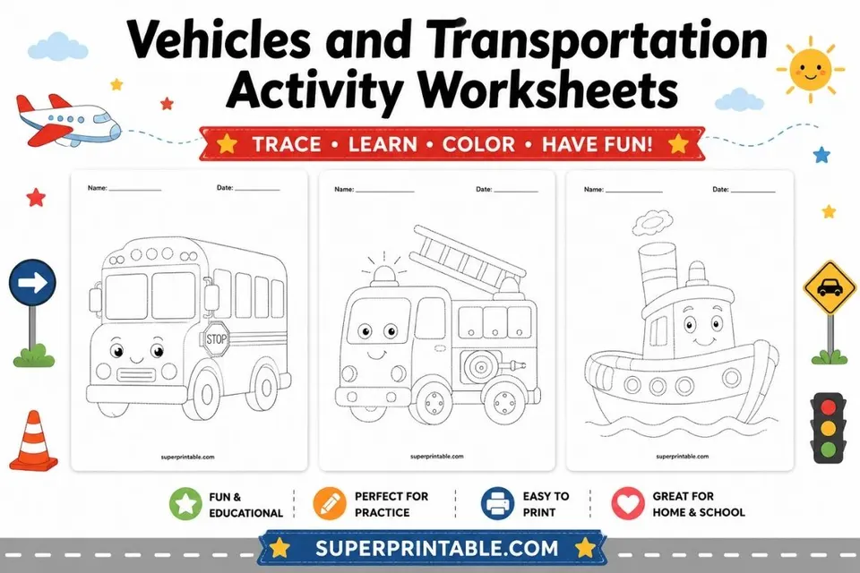Vehicles and Transportation Activity Worksheets Feature Image