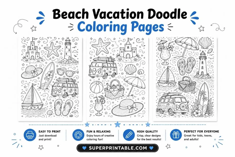 10+ Beach Vacation Doodle Coloring Pages Feature Image
