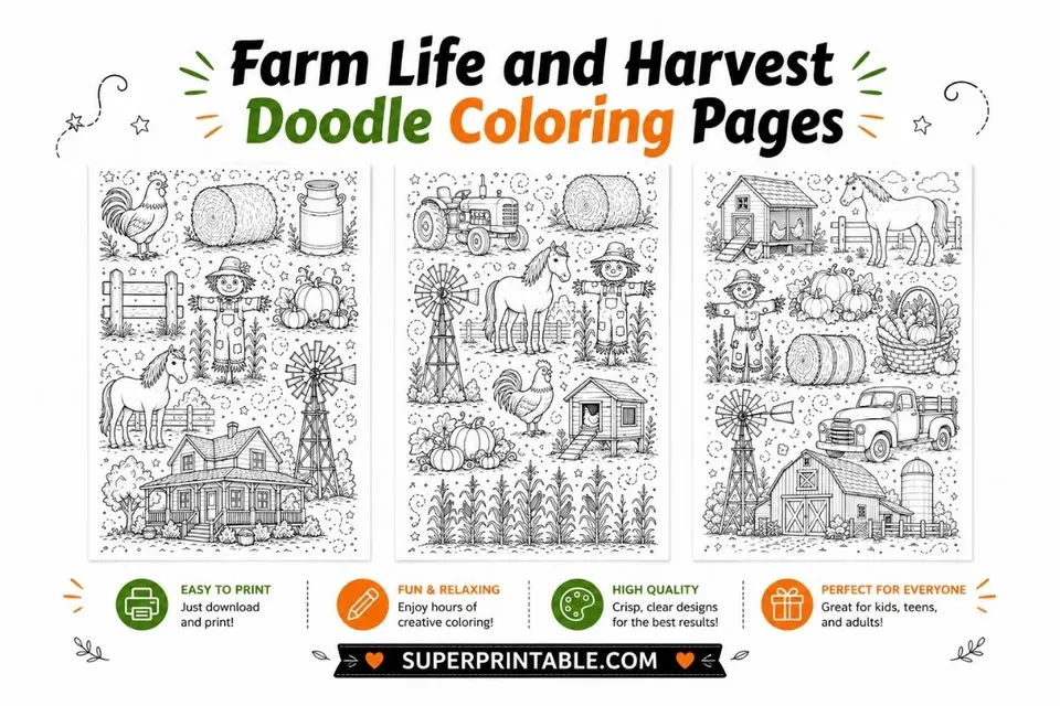 10+ Farm Life and Harvest Doodle Coloring Pages Feature Image