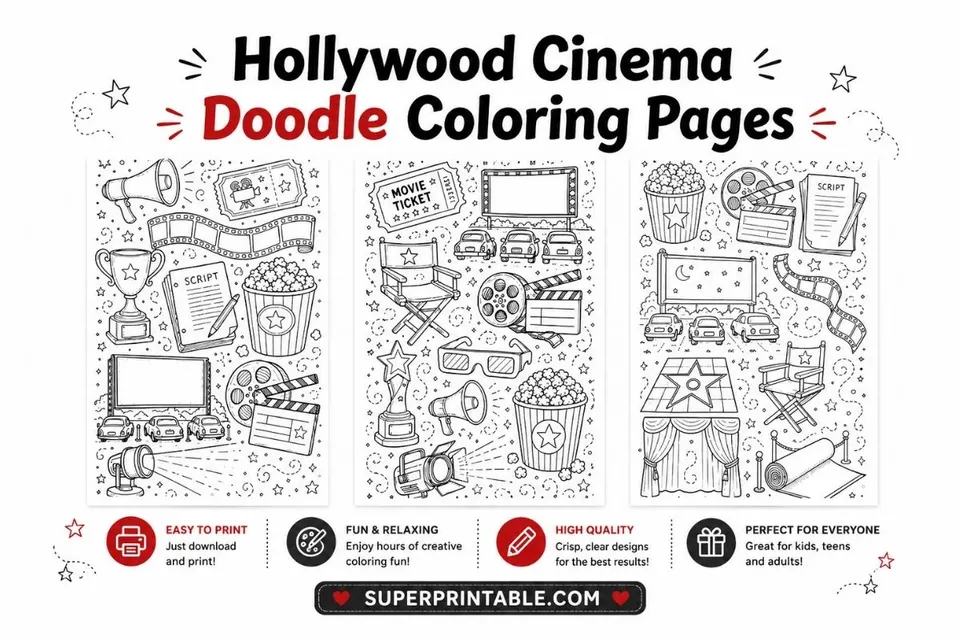 10+ Hollywood Cinema Doodle Coloring Pages Feature Image