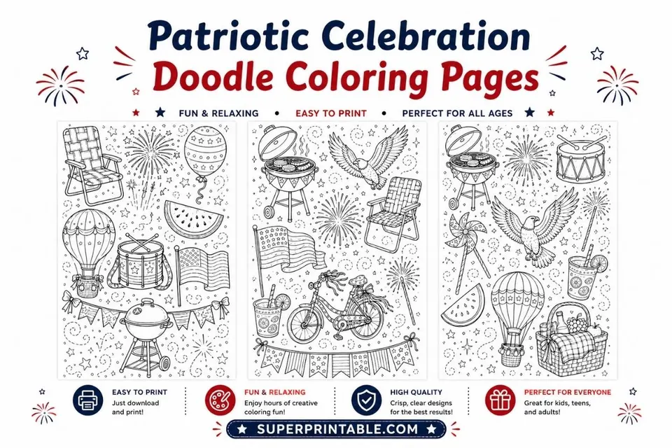 10+ Patriotic Celebration Doodle Coloring Pages Feature Image