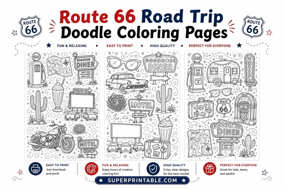 10+ Route 66 Road Trip Doodle Coloring Pages Feature Image