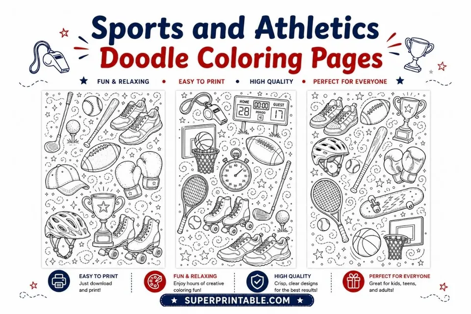 10+ Sports and Athletics Doodle Coloring Pages Feature Image