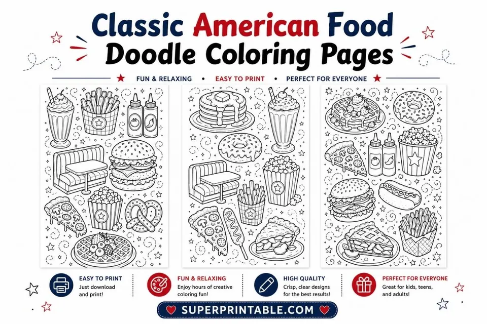 12+ Classic American Food Doodle Coloring Pages Feature Image