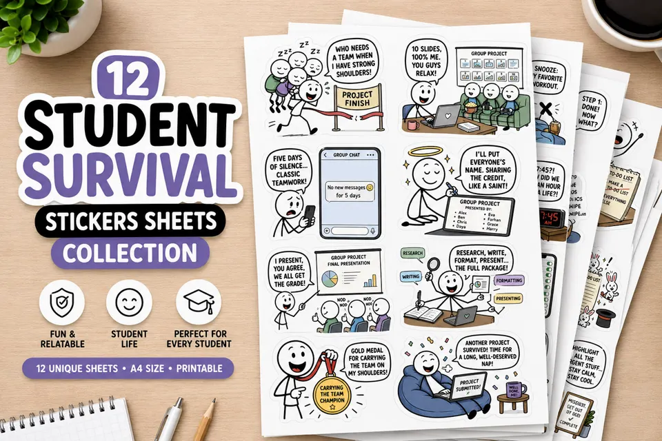 12 Student Survival Stickers Sheets Collection
