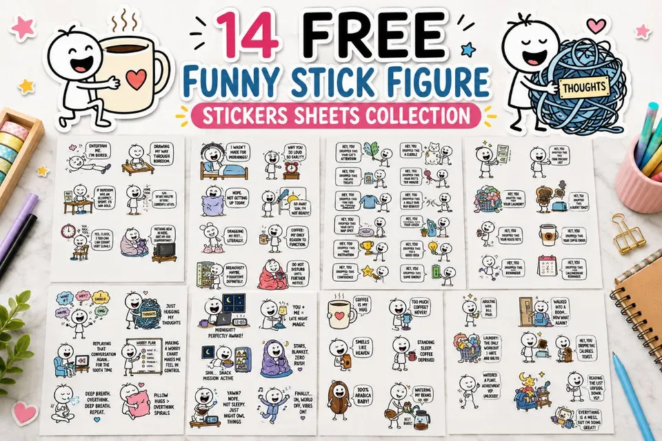 14 Free Funny Stick Figure Stickers Sheets Collection