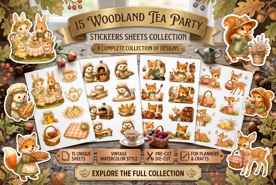 15 Woodland Tea Party Stickers Sheets Collection