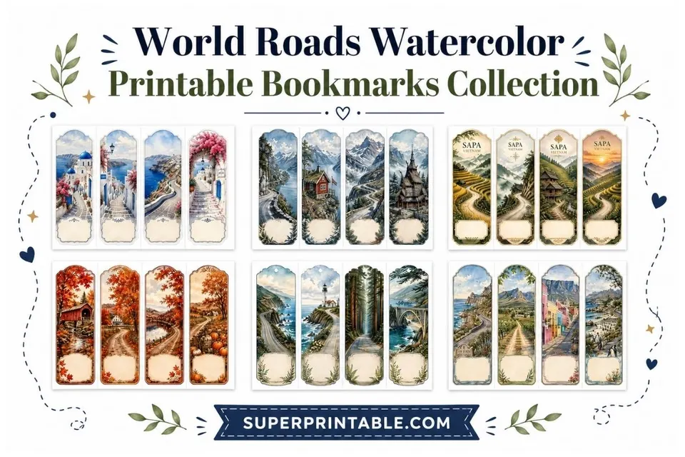 15+ World Roads Watercolor Printable Bookmarks Collection Feature Image