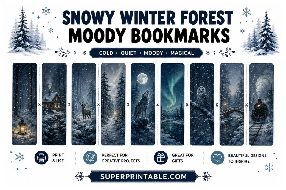 16 Free Snowy Winter Forest Moody Bookmarks