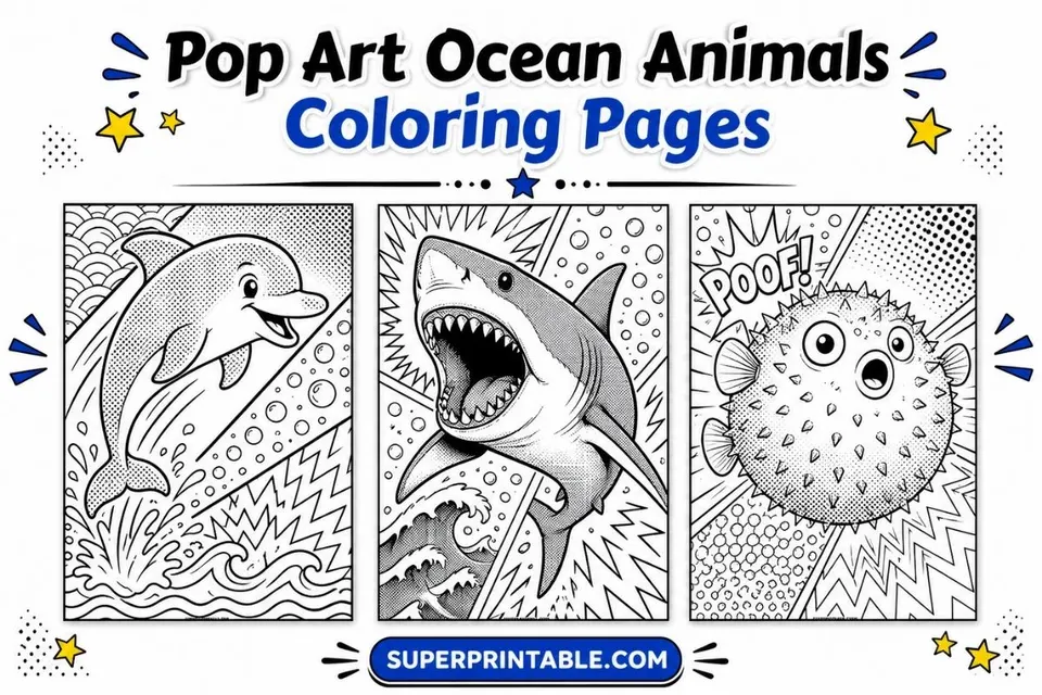 20 Pop Art Ocean Animals Coloring Pages Feature Image
