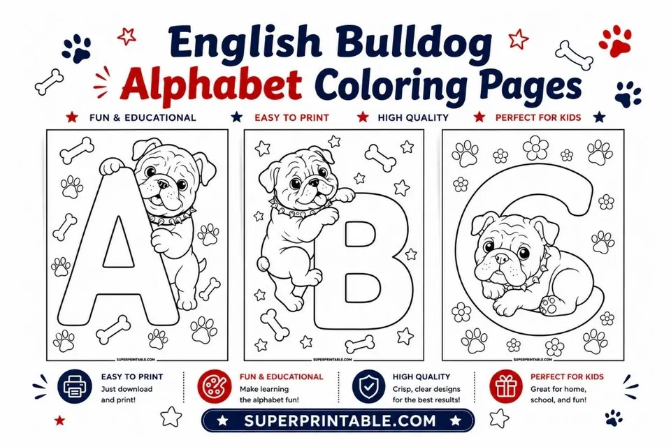 English Bulldog Alphabet Coloring Pages Feature Image