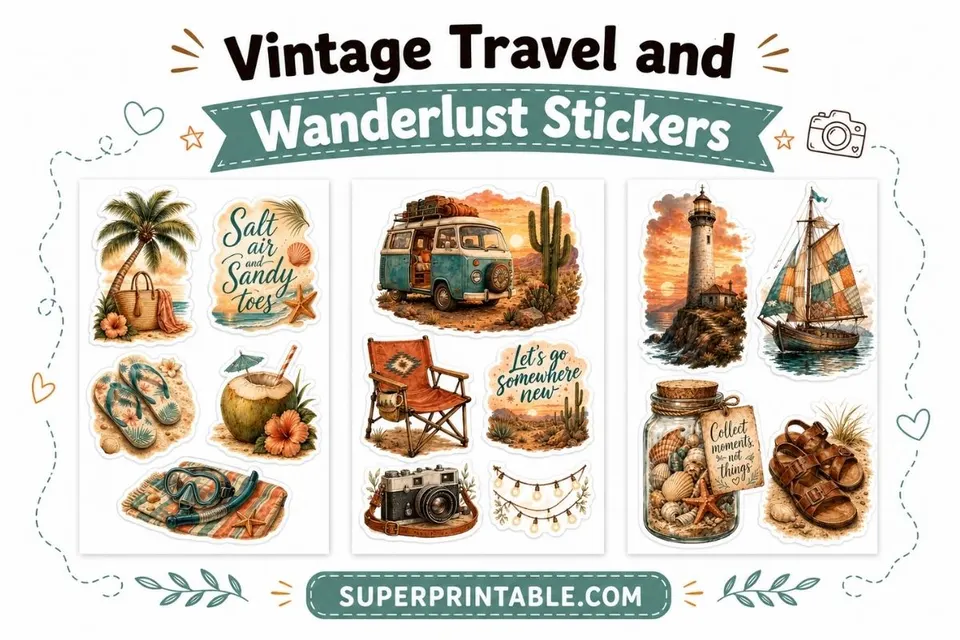 Free Vintage Travel and Wanderlust Sticker Collection Printable Bundle Kit Feature Image
