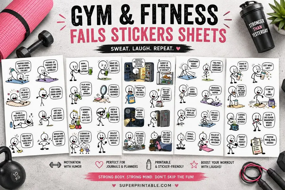 Gym and Fitness Fails Stickers Sheets