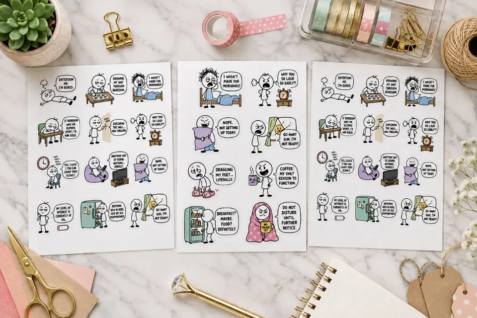 A4 sticker sheet mockup displayed on a white marble desk with three sheets of colorful stick-figure humor stickers, surrounded by craft supplies including washi tape, scissors, paper clips, twine, kraft tags, notebook, and a small succulent.