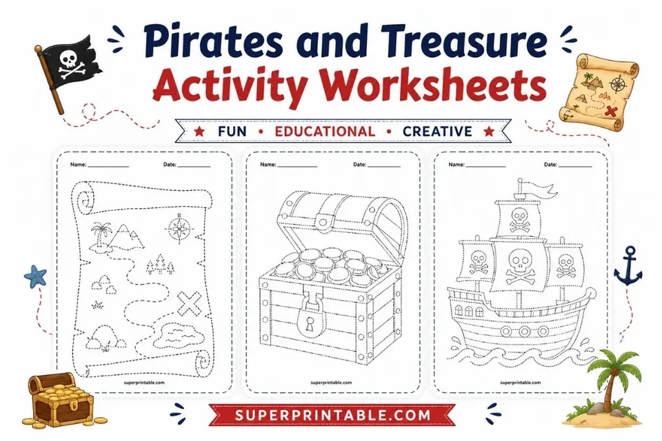 Pirates and Treasure Activity Worksheets Feature Image
