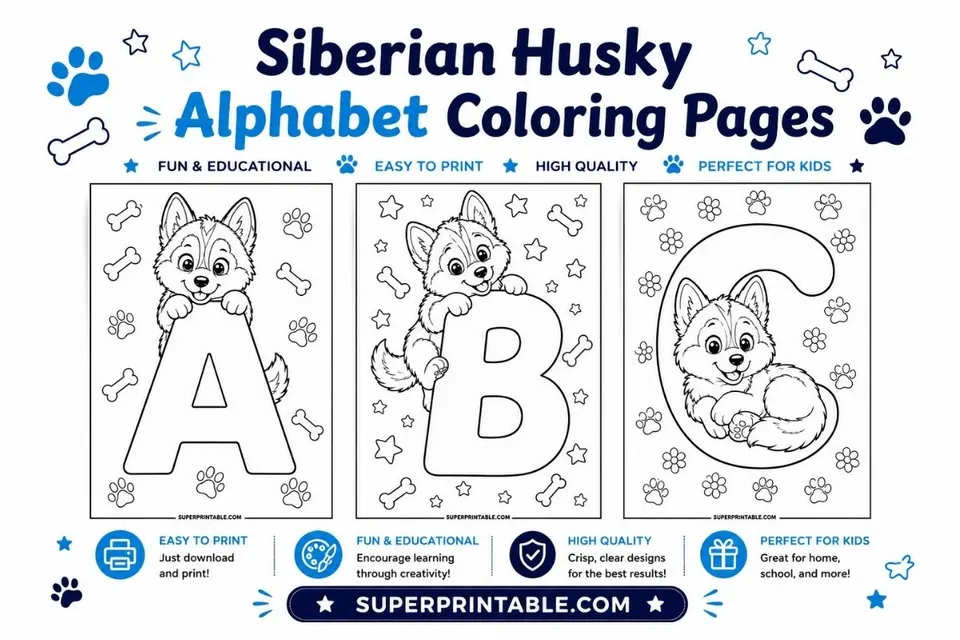 Siberian Husky Alphabet Coloring Pages Feature Image